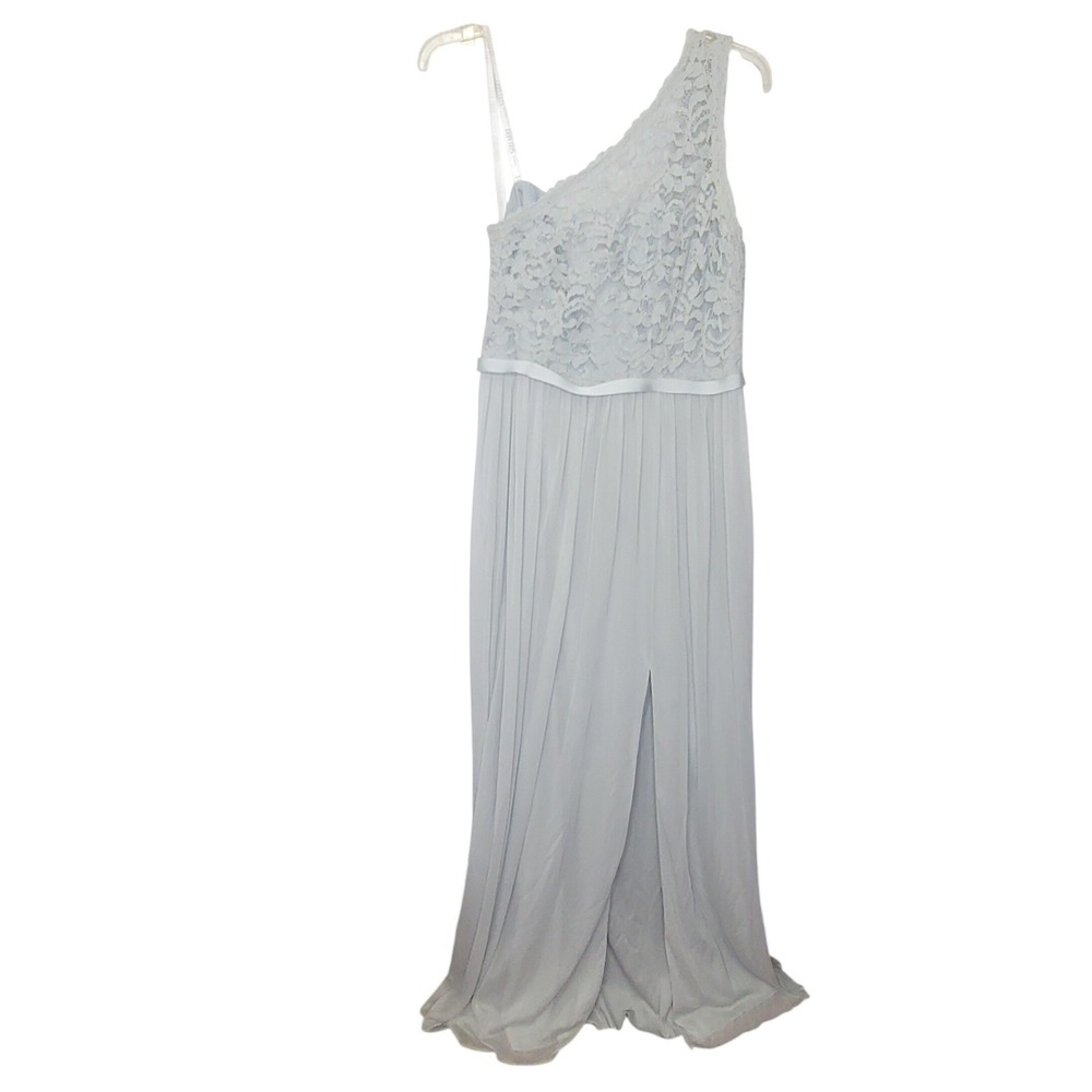 David's Bridal One Shoulder Gown Womens 10‎ Blue Grey Lace Chiffon Maxi Formal